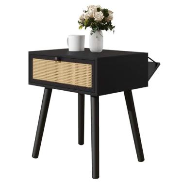 Imagem de IBUYKE Mesa de cabeceira com compartimento oculto, mesa de cabeceira de vime com pernas de madeira, móveis de ocultação de mesa lateral boho, mesa de cabeceira para quarto, montagem fácil, preto