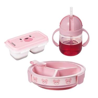 Imagem de Kit Introdução Alimentar 3 Peças Caneca com Canudo Prato Térmico 3 Divisórias Ventosa e Trava e Porta Papinha Menina Plasútil