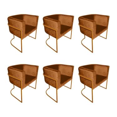 Imagem de Kit 6 Poltronas Decorativa Sala de Estar Base de Ferro Cobre Veludo Terracota