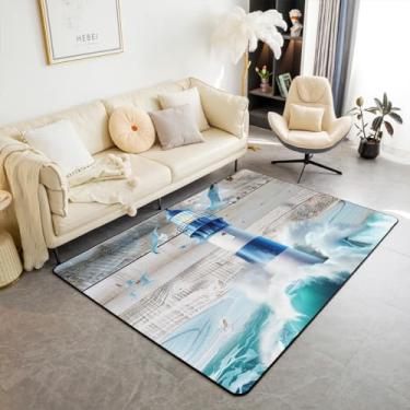 Imagem de Erosebridal Tapete de área de farol 12 x 18 cm rústico tapete de madeira decoração de quarto surf oceano ondas e pássaros antiderrapante tapete decorativo náutico tapete decorativo quarto sala de