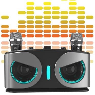 Imagem de Caixa de som multifuncional Owl: máquina de karaokê sem fio + sistema de som + tocador de música - microfones duplos, suporte TF/USB, alcance de 10 m BT, 5 efeitos sonoros, iluminação de palco LE