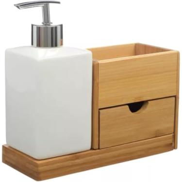 Imagem de Kit de Banheiro 2 Peças | Dispenser de Sabonete Líquido em Porcelana + Suporte de Bambu com Gaveta | Design Elegante e Funcional para Decoração e Organização