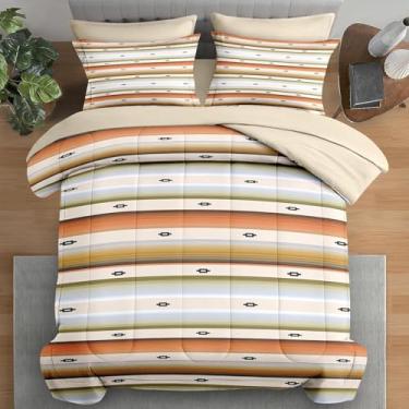 Imagem de Pamnest Jogo de edredom casal, geométrico, tribal, listrado, 7 peças, boêmio, colorido, moderno, com elástico, 2 fronhas e 2 fronhas para decoração de quarto