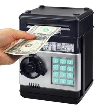 Imagem de Cofrinhos para crianças, cofrinhos com senha eletrônica para crianças, mini caixa eletrônico para economizar dinheiro e moedas, ótimo presente de aniversário para meninos e meninas (preto)