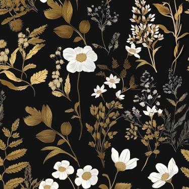 Imagem de Papel de parede floral dourado preto descasque e cole papel de contato de folha escura impermeável autoadesivo vintage 44 x 299 cm, cobertura de parede para quarto, bancada, armários de mesa