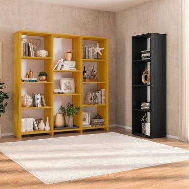Imagem de Kit com 1 Estante Livreiro 11 Nichos Odelia e 1 Estante Modular 4 Nichos Calum Freijó/Preto