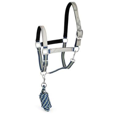 Imagem de Jeffers Conjunto de cabresto e corda de chumbo com cabeça de álamo, tamanho completo – Frente única ajustável de nylon acolchoado forrado com lã para cavalos – Equipamento de treinamento equestre para