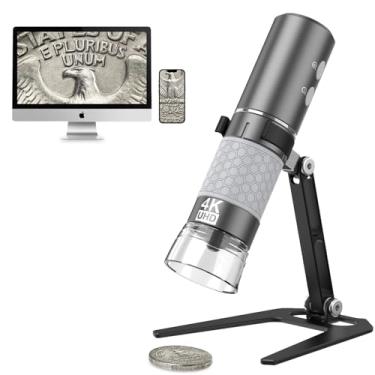 Imagem de Cainda Microscópio Digital WiFi 4K 3840x2160p, compatível com iPhone, Android, Windows e Mac PC: Câmera microscópica portátil sem fio com base metálica para adultos e crianças