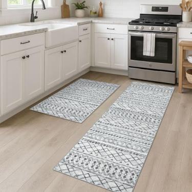 Imagem de KUTA Tapetes marroquinos para entrada, 2 peças 2 x 3 e 2 x 6 tapete cinza de entrada pequena, antiderrapante, lavável, ultramacio, tapete de corredor, tapete geométrico vintage de baixa película