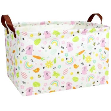Imagem de NIETEIN Cesta De Páscoa Grande Vazia Para Crianças, Coelho Tecido Personalizado Meninos E Meninas (Coelho Rosa Arco-Íris)