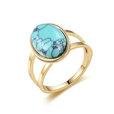 Imagem de LadayPoa Anel ocidental turquesa para mulheres. Anéis de declaração banhados a ouro 18 k com pedra azul. Joias retrô boho chique. Anel de declaração elegante para estilo clássico, Metal, Turquesa