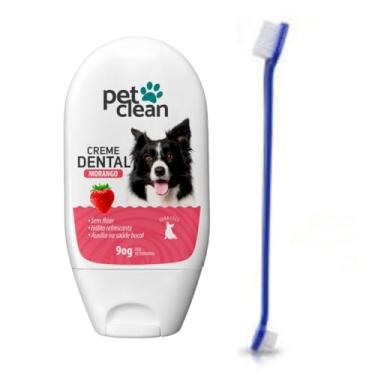 Imagem de Kit Escova de Dente e Creme Dental Sabor Morango Pet Clean para Cachorros e Gatos Previne o Mau Hálito