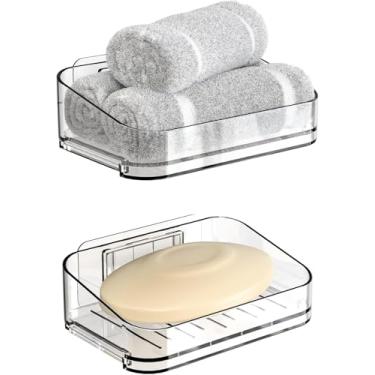 Imagem de SuoXing Pacote Com 2 Saboneteiras E Suporte Para Saboneteira Em Barra Parede De Chuveiro, Bandeja Drenagem Removível Adesivo - Adequado Bancadas Banheiro, Transparente