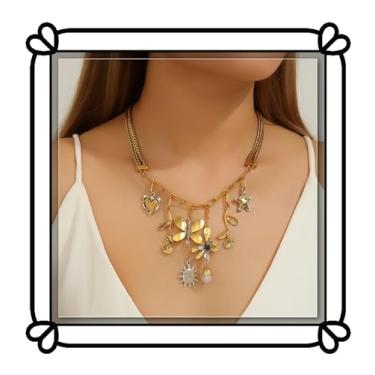 Imagem de Colar moderno com pingente de estrela de borboleta de ouro e prata - Colar de corrente grossa hip hop cubana - joia feminina com pingente de pérola de girassol