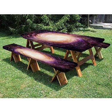 Imagem de Toalha de mesa com ajuste Galaxy, conjunto de 3 peças, estampa espiral grande rosa e roxa planeta no espaço, conjunto de 3 peças, perfeita para festas ao ar livre, pátio, 76 x 182 cm, preto, rosa,