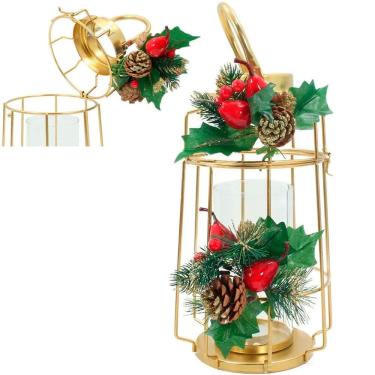 Imagem de Luminária Lamparina Natal Dourada Em Metal Decorativa 36cm