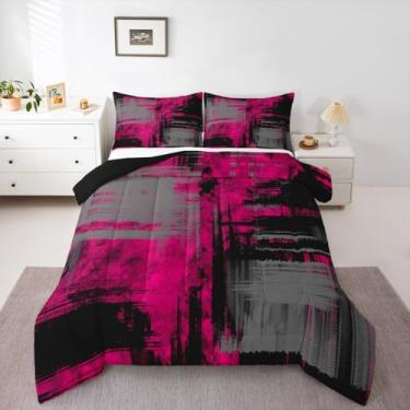 Imagem de Conjunto de cama infantil, rosa, cinza, preto, tamanho casal, abstrato, para decoração de quarto de meninos e meninas, conjunto de edredom geométrico, respirável, macio, leve, microfibra, mulheres
