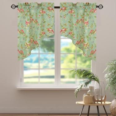 Imagem de Bentrilisa 2 peças de cortinas florais semitransparentes meia pequena cortina de janela de café impressão de folhas e flores em cortina de cozinha verde swag valance, 71 x 91 cm