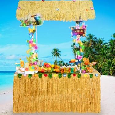 Imagem de Windkream Kit de 59 peças Tiki Bar Hut inclui barra Tiki reutilizável e telhado, folhas de palmeira, cartões temáticos tropicais e saia de mesa para verão havaiano piscina praia luau decoração