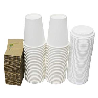 Imagem de Copos de café quente de papel branco durável com tampas de cappuccino e mangas protetoras onduladas, quantidade de 50, Branco, 12 Ounce