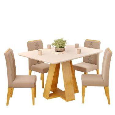 Imagem de Conjunto Sala de Jantar 4 Cadeiras Tampo Chanfrado Retangular 120cm com Vidro Kiara Cedro Off White Yasmin Veludo Kraft - DJ Móveis