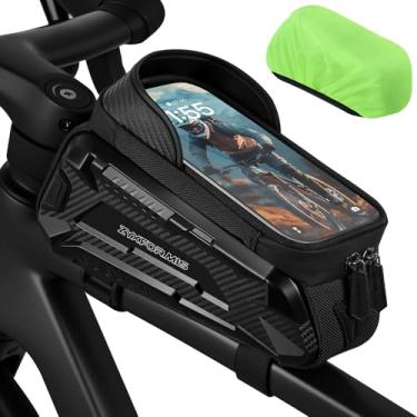 Imagem de Zyxformis Bolsa para quadro de bicicleta, acessórios de bicicleta com suporte de telefone TPU sensível ao toque, à prova d'água, tubo superior de bicicleta, bolsa de guidão frontal com capa de chuva