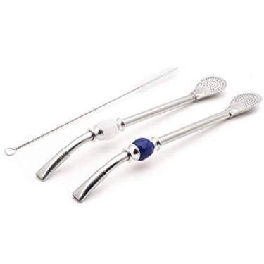 Imagem de BALIBETOV [NOVO] Canudo de aço inoxidável premium Big Yerba Mate - Bombilla for Mate Gourd Drinking com filtro de cabeça removível - Escova de limpeza incluída - 22 cm de comprimento (AZUL-BRANCO)