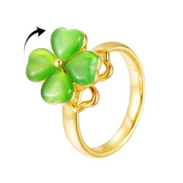 Imagem de OIDIMS Anel giratório de trevo de quatro folhas para mulheres, banhado a ouro, ajustável, para alívio da ansiedade, Dia de São Patrício, boa sorte, ajuste confortável, empilhável, anel de flor que