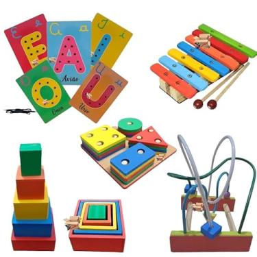 Imagem de Kit Brinquedo Pedagógico Em Madeira Xilofone + Prancha De Seleção + Aramado M + Cubo + Estojo ou Alinhavos (Kit Alinhavo Vogais)
