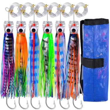 Imagem de Iscas de pesca para pesca - Big Game Deep Sea Fishing Isca de pesca em água salgada para atum marlin Wahoo Mahi Dolphin - Conjunto de 6 iscas com bolsa de malha