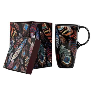 Imagem de Topadorn Caneca de cerâmica de café de viagem de porcelana xícara de café com latte de cerâmica com caixa de presente 500 ml, pena colorida