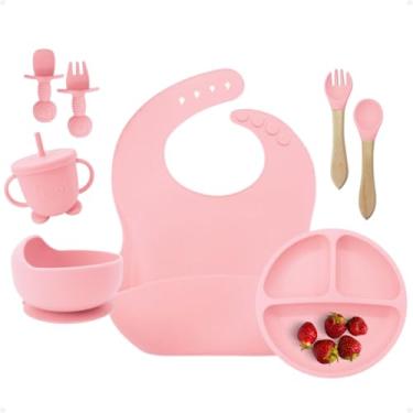 Imagem de Kit Refeição Alimentação Bebê 8 Peça Introdução Alimentar Bebe Silicone Prato, Bowl, Babador, Copo+Tampa Canudo+2 Talheres Madeira e 2 em Silicone (NA COR Rosa)