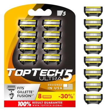 Imagem de TopTech Ultra 5 lâminas de barbear masculinas – Cartuchos substituíveis para barbear manual, 5 refis de tecnologia de lâminas – Pacote com 8 unidades – Serve para Gillette Fusion – Barbear macio e