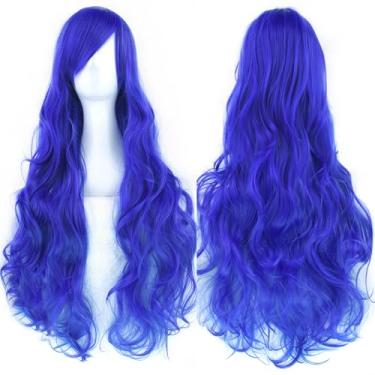 Imagem de IMISSU Peruca cosplay de cabelo natural cacheado longo com franjas coloridas fantasia de Halloween perucas de festa (Azul)