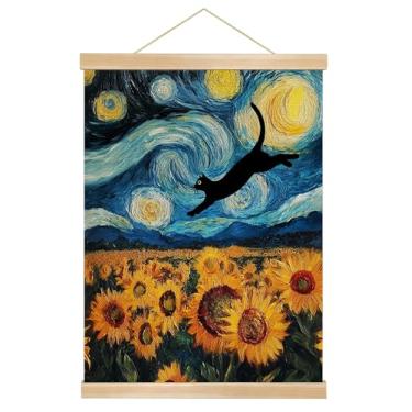 Imagem de You found a duck Impressão em tela de gato preto com girassóis, 35,5 x 45,7 cm, cabide magnético de madeira, arte de parede moderna (HY03)