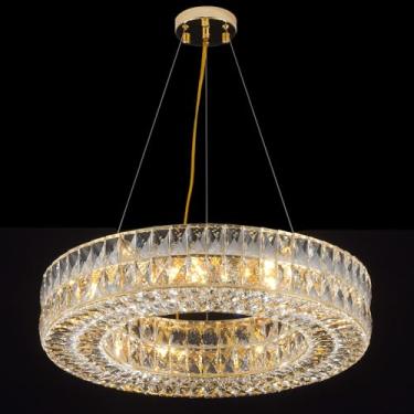 Imagem de Homeooze Lustre de cristal com anel de 9 luzes, lustres modernos de iluminação e anel de suspensão ajustável, luminária de teto para sala de estar, sala de jantar, quarto (dourado, 61 cm)