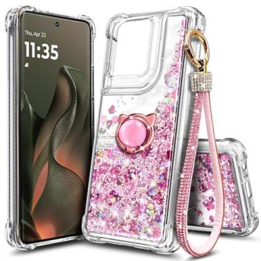 Imagem de WDHD Capa para celular compatível com Motorola Edge-2025 ouro rosa | Capa de telefone fofa com glitter cintilante flutuante para mulheres e crianças com suporte de anel cordão de pulso de diamante