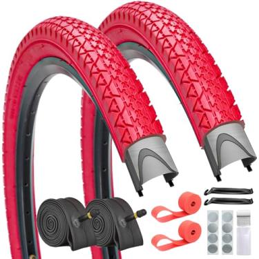 Imagem de SIMEIQI 26/24x2,125 polegadas pacote com 2 pneus e tubos de bicicleta Beach Cuiser pneus de bicicleta vermelho ou azul com tiras de aro e adesivos sem cola (vermelho, 26x2,125)
