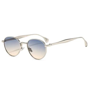 Imagem de Óculos de sol masculino retrô, redondo, punk, com armação de metal, proteção UV400, tendência da moda, gradiente, feminino (prata, azul, chá)
