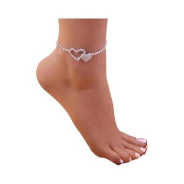 Imagem de Pulseira De Tornozeleira Feminina Com Coração Duplo De Cristal Brilhan