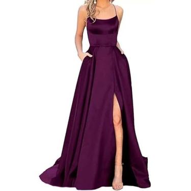 Imagem de Vestidos De Noiva Para Mulheres Verão Ombro A Ombro Cetim Com Fenda Vestidos De Dama De Honra Com Bolsos Sem Encosto Alças De Espaguete A Linha Formal Festa Maxi Vestido De Noite, B-dark Purple, M