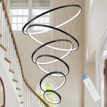 Imagem de AIRYPHANT Lustre de 6 anéis de teto alto, lustres de LED modernos pretos com controle remoto grande hall de entrada, luminária pendente regulável para escadas de sala de estar, 3000-6500 K