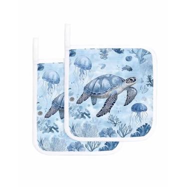 Imagem de Porta-panelas para cozinha, aquarela, oceano, tartaruga, coral, conjunto de 2 pegadores de panela, à prova de calor, antiderrapante, para forno, isolamento, pano felpudo com laço, água-viva marinha