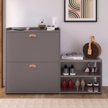 Imagem de Sapateira Com Banco Moderna 2 Gavetas Basculantes 18 Pares Sapatos Para Quarto Hall de Entrada Closet (Cinza Pérola)
