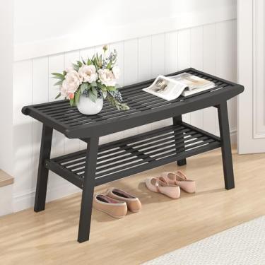 Imagem de Banco de jantar de bambu, banco longo para uso interno, resistente e confortável, design de ripas duráveis, assentos de entrada modernos para corredor (preto, 2 camadas)