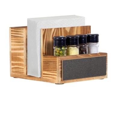 Imagem de Porta-guardanapos de sal e pimenta, suporte de guardanapo para saleiro de mesa, dispensador de guardanapos de madeira, suporte de armazenamento de condimentos, suporte de papel vertical, organizador