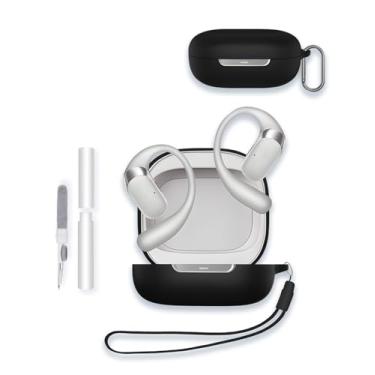 Imagem de Capa para fones de ouvido sem fio SHOKZ OpenFit 2+ T921, capa protetora portátil de silicone macio WUNIAK resistente a arranhões com kit de limpeza, mosquetão e cordão, preta