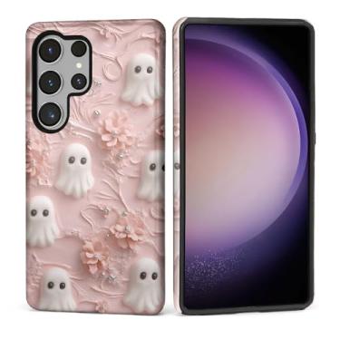 Imagem de Capa para Samsung Galaxy S25 Ultra, Silicone Macio Brilhante + PC Rígido Anti-riscos Corpo Inteiro Robusta À Prova de Choque Capa 2 em 1 para Mulheres e Homens - Fantasmas Fofos em Flor Rosa