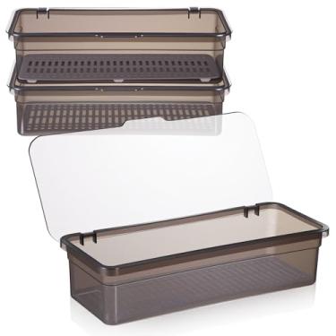 Imagem de AojSup Bandeja de talheres com tampa e escorredor, bandeja de talheres com tampa, organizador de gaveta de utensílios de plástico, recipiente de armazenamento de talheres cinza transparente para