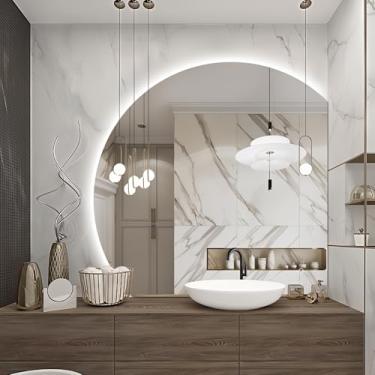 Imagem de Niccy - Espelho LED de meia lua de 35 polegadas para casa de banho, espelho retroiluminado semicírculo sem moldura para entrada, espelho irregular redondo de 1/4 com espelho de parede de câmara